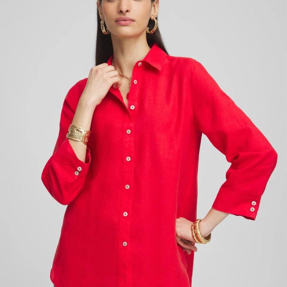 CHICO'S no iron 3/4 sleeve linen shirt in red glow (0/US4)